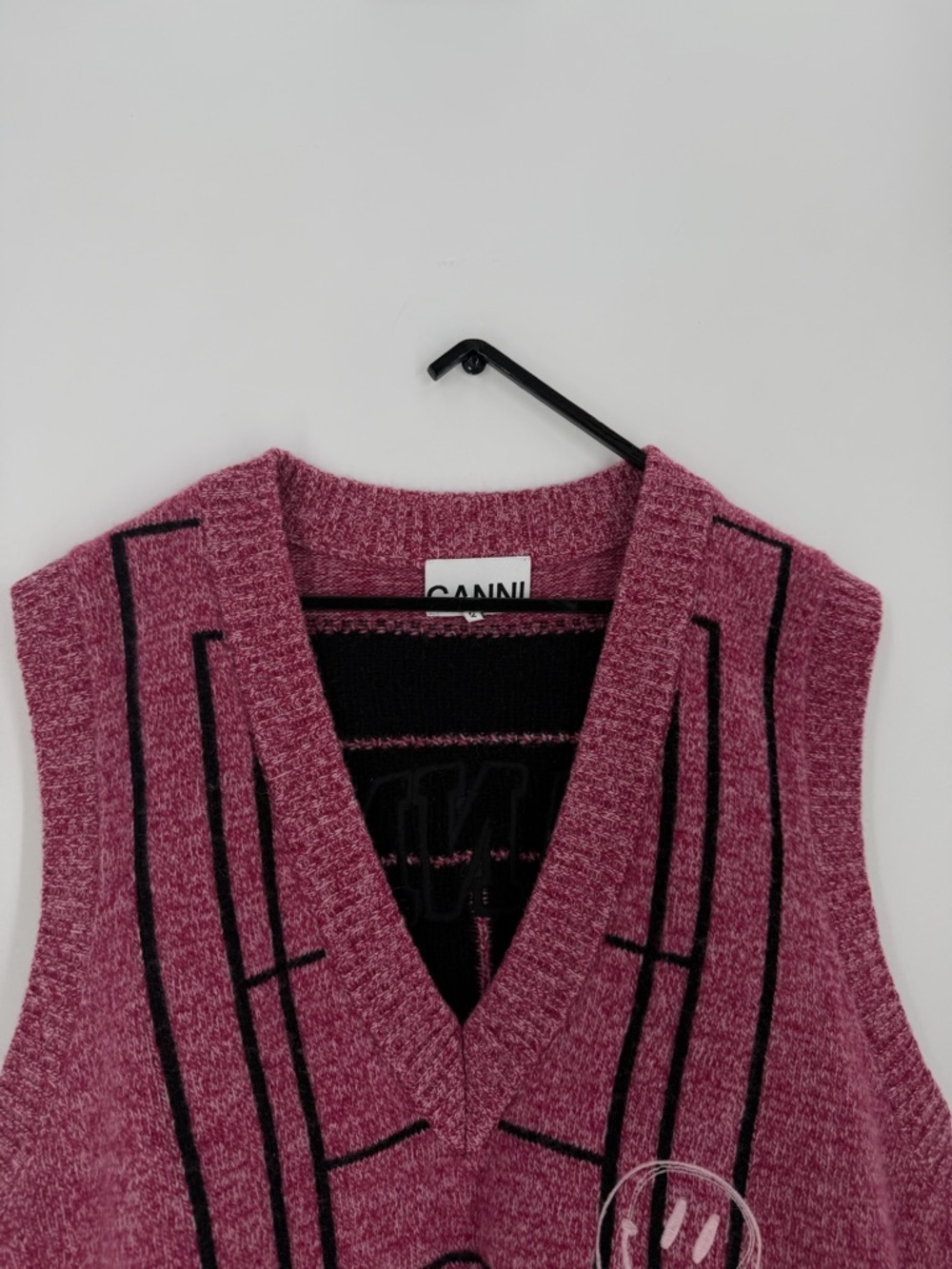 Ganni Exclusive Logo Embroidered Graphic Pink Wool Blend Knitted Sleeveless Vest